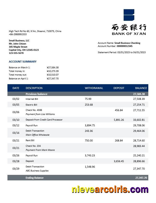 Bank of Xi’An enterprise account statement